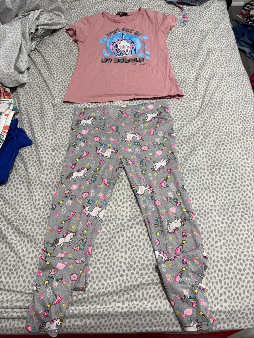Girls Pink Unicorn Matching Set - Top & Grey Unicorn Leggings